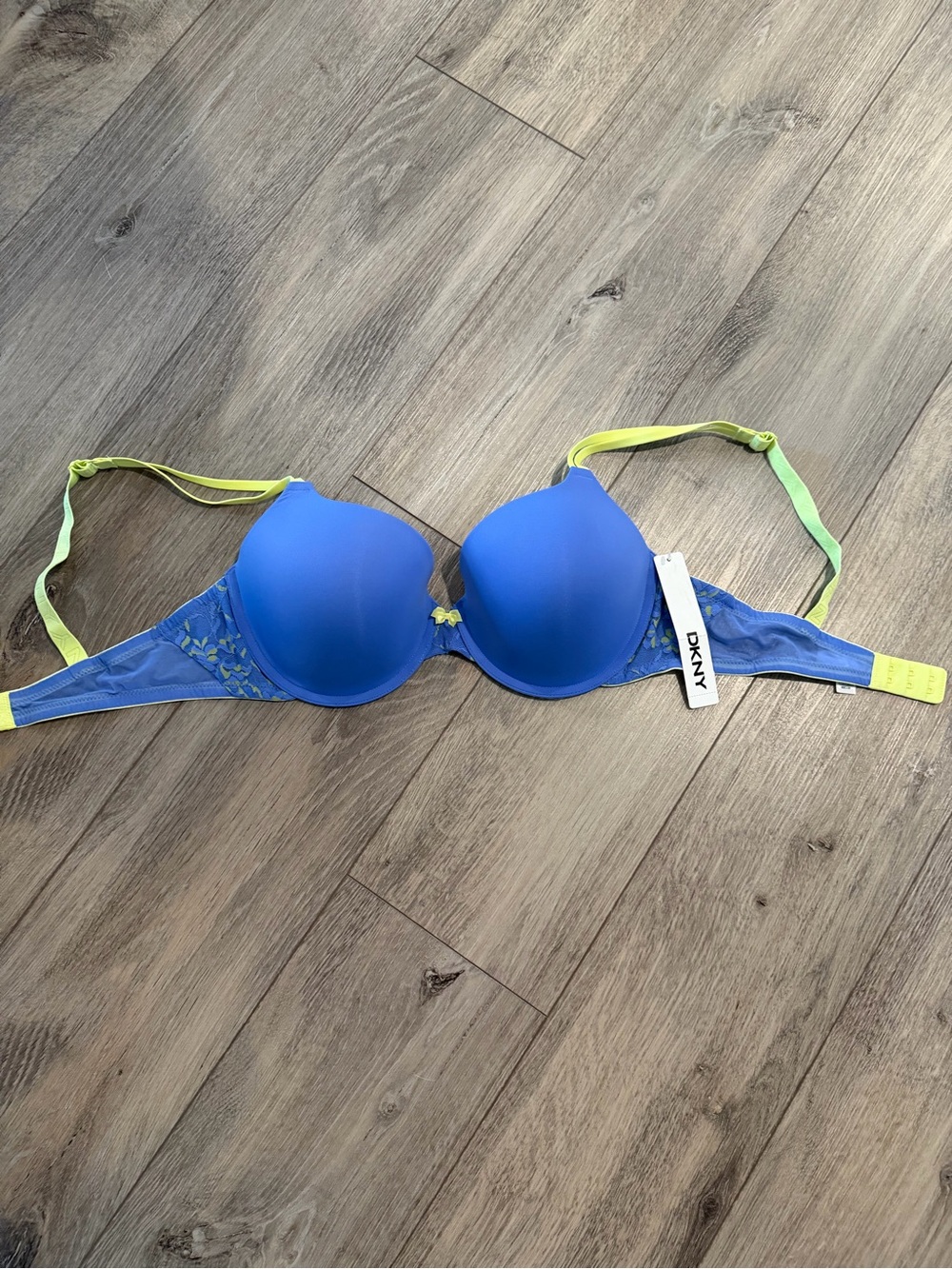 Dkny Blue Bikini Top with Neon Yellow-Green Straps